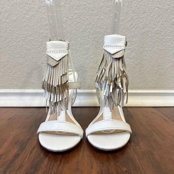BRIAN ATWOOD Ankle Strap Heeled Sandals Fringes in White Leather - Picture 3 of 13